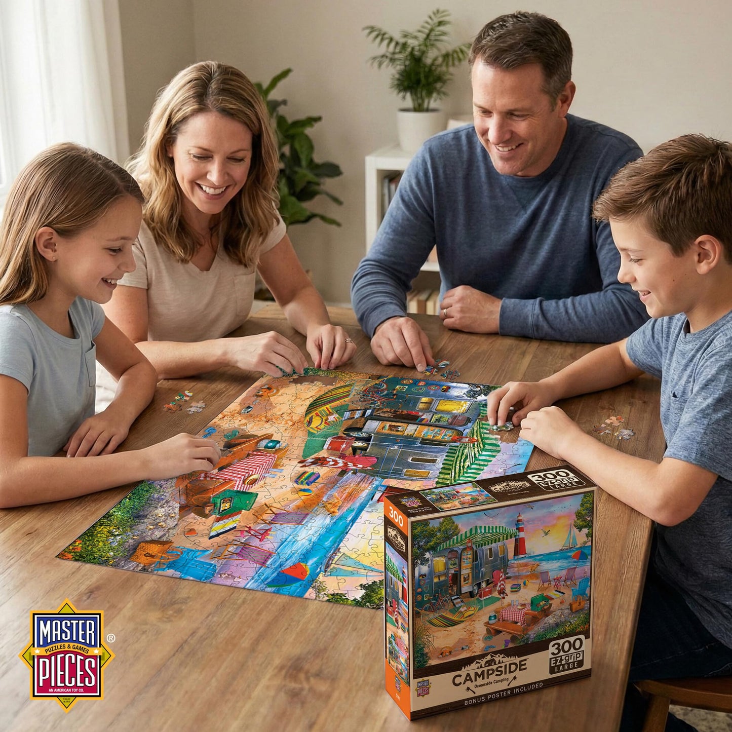 MasterPieces - 300 Piece Jigsaw Puzzle, Large EZ Grip Shapes, Oceanside Camping, Fun for Adults, Seniors, Family, Kids, Non-Glare Finish, 18"x24"