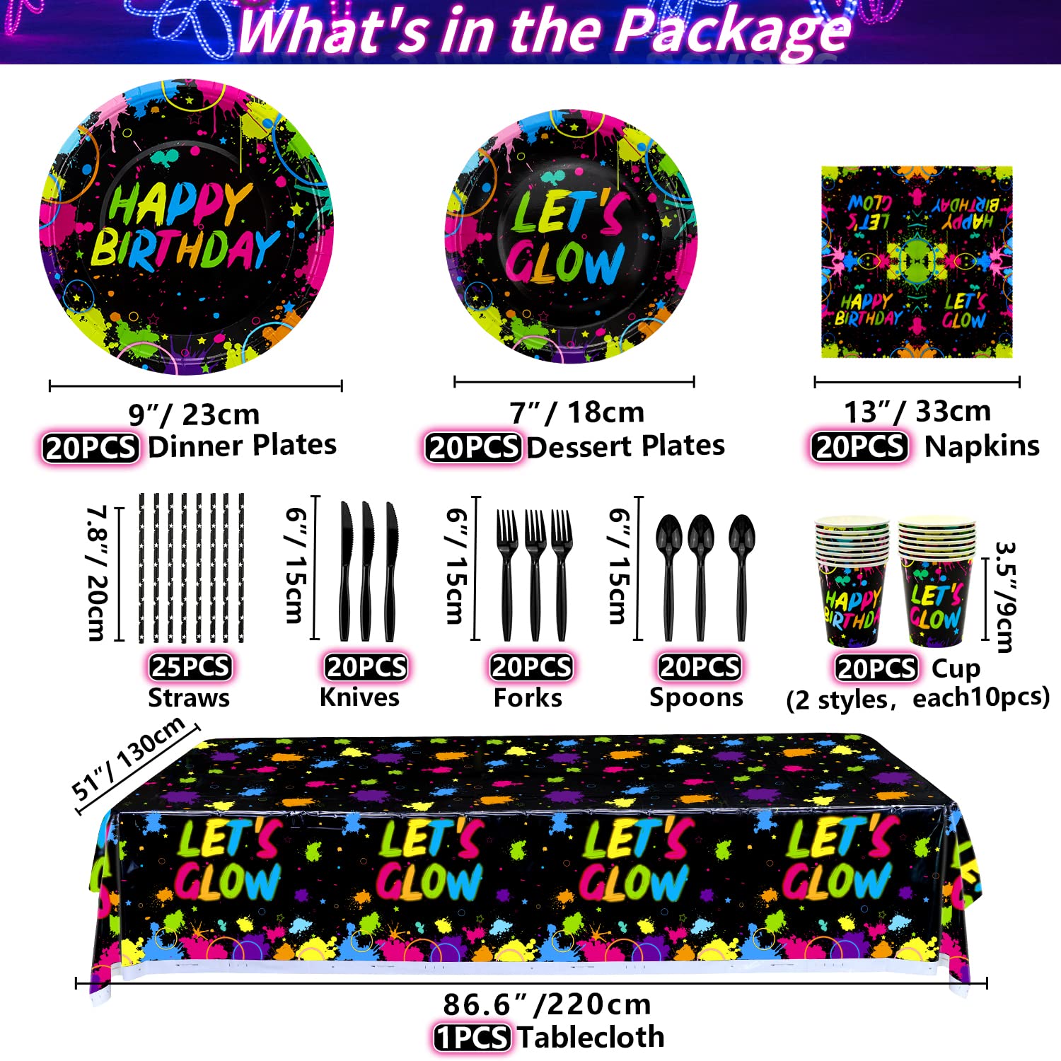XJLANTTE 225 Pieces Glow Neon Party Supplies - Balloon, in the Dark Birthday Banner, Garlands, Cake Topper, Tablecloth, Plates, Napkins and Cup