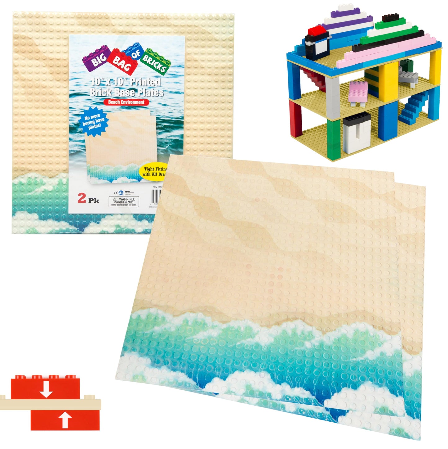 Summer Beach Terrain Baseplates for Building Bricks - Set of 2 Large 10"x10" Building Plates - Dual Connectivity, Build on Both Sides - Compatible
