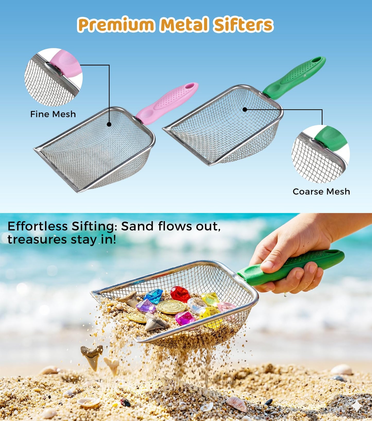 Eicaus 46 PCS Beach Sand Toys for Kids Toddlers, Collapsible Sand Buckets & Mesh Bag Set with Heavy Duty Metal Sifters, Treasure Hunt Gems, Castle