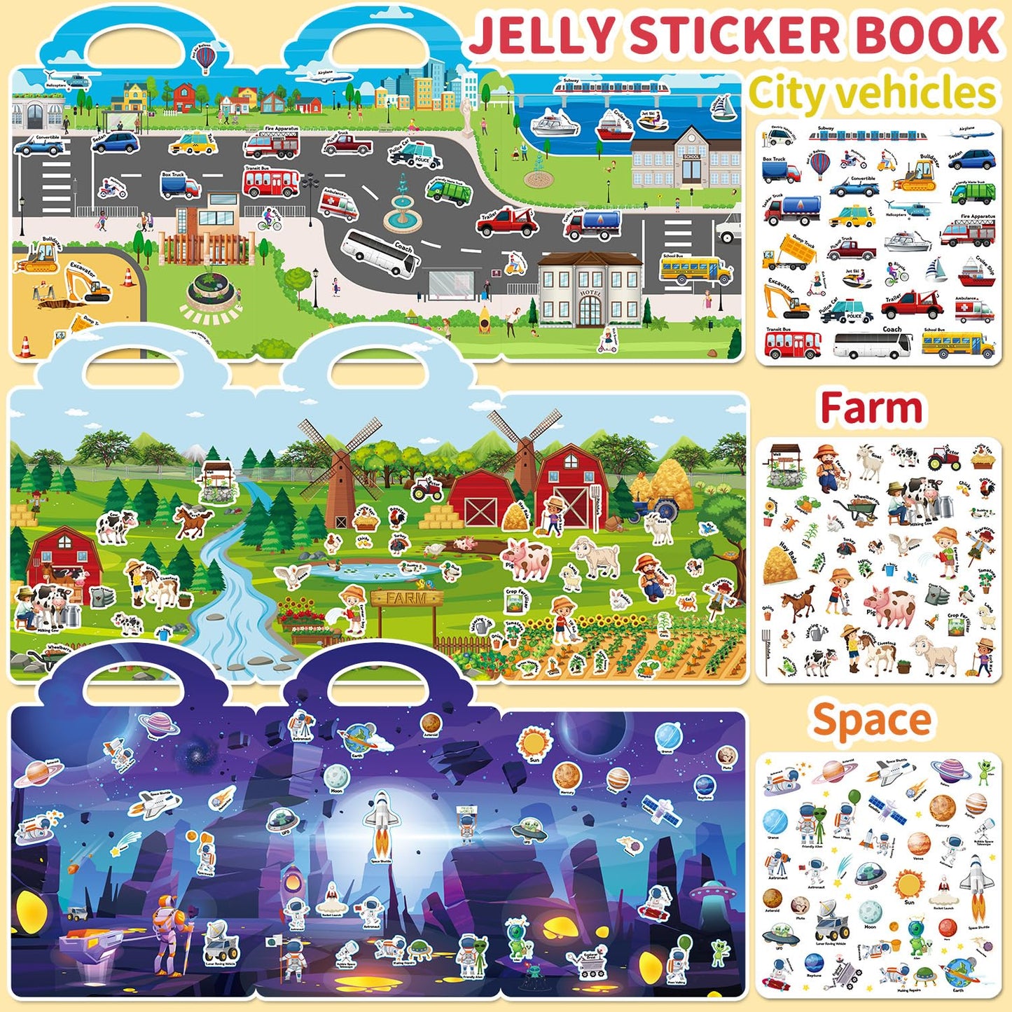 CREATIVETREES 6 Sets Reusable Sticker Book for Toddlers 3-6, Jelly Sticker Books for Toddler, Travel Sticker Activity Toys for Kids 3 4 5 6 Years Old