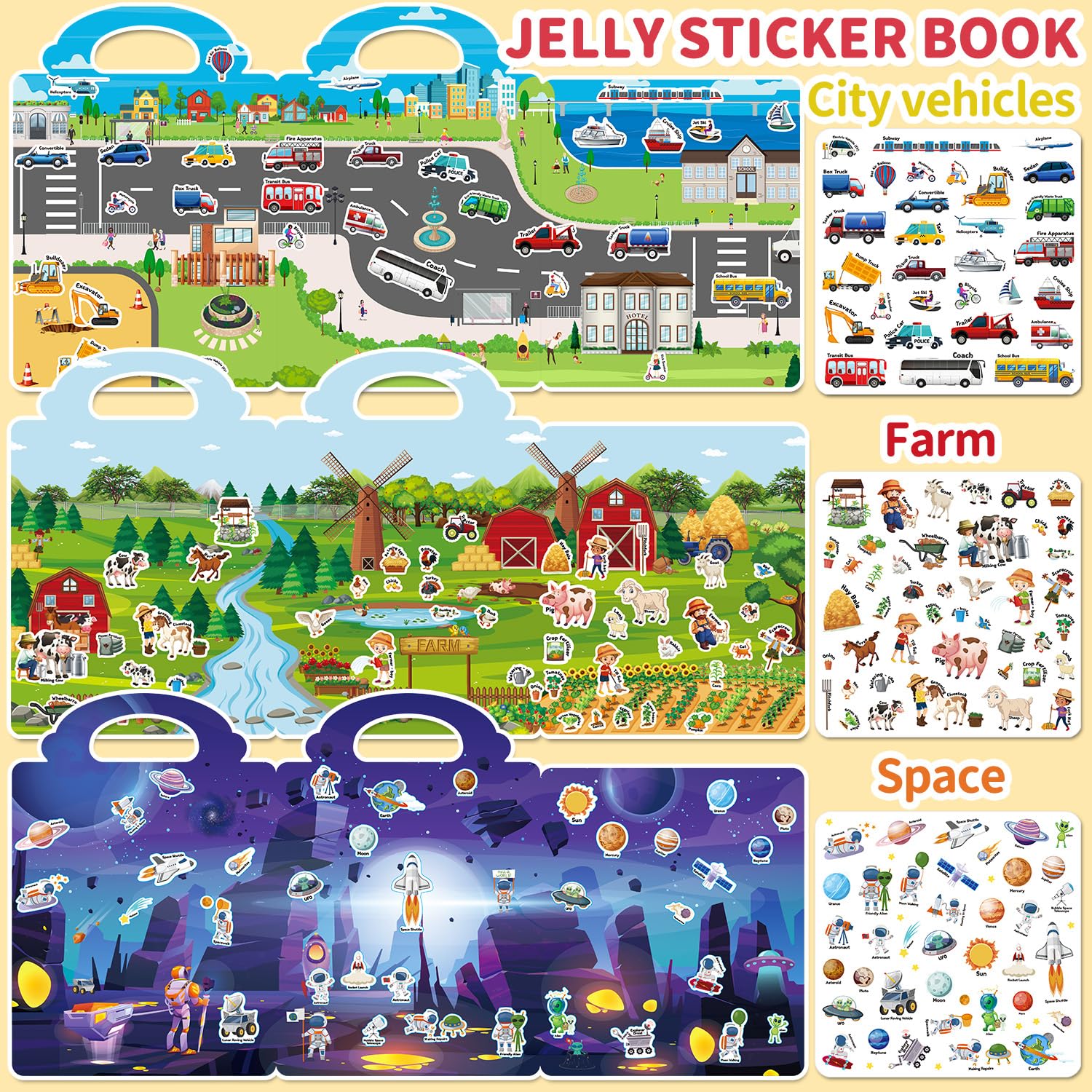 CREATIVETREES 6 Sets Reusable Sticker Book for Toddlers 3-6, Jelly Sticker Books for Toddler, Travel Sticker Activity Toys for Kids 3 4 5 6 Years Old