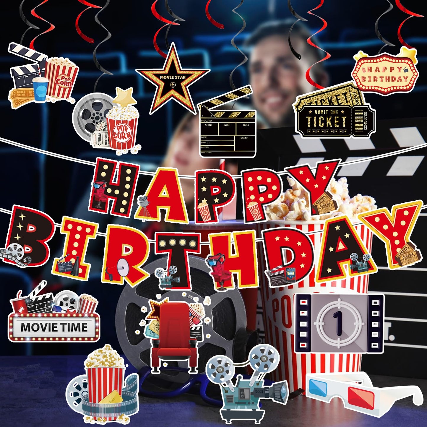 Movie Night Decorations, Movie Night Supplies, Happy Birthday Banner Hanging Swirls Movie Theme Party Decorations for Birthday Party Film Backdrop
