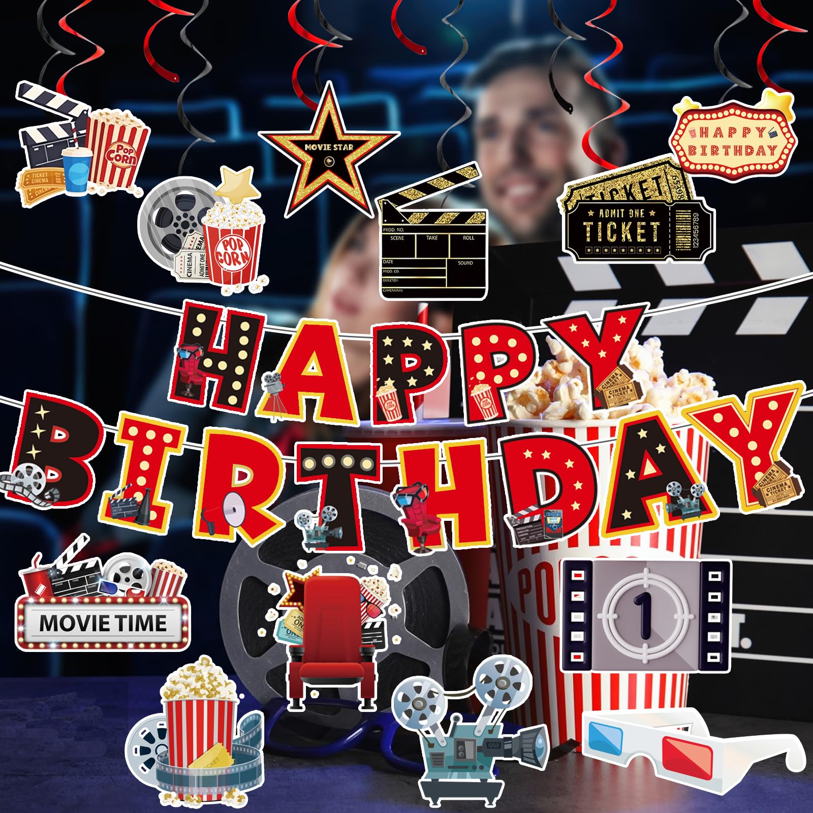 Movie Night Decorations, Movie Night Supplies, Happy Birthday Banner Hanging Swirls Movie Theme Party Decorations for Birthday Party Film Backdrop