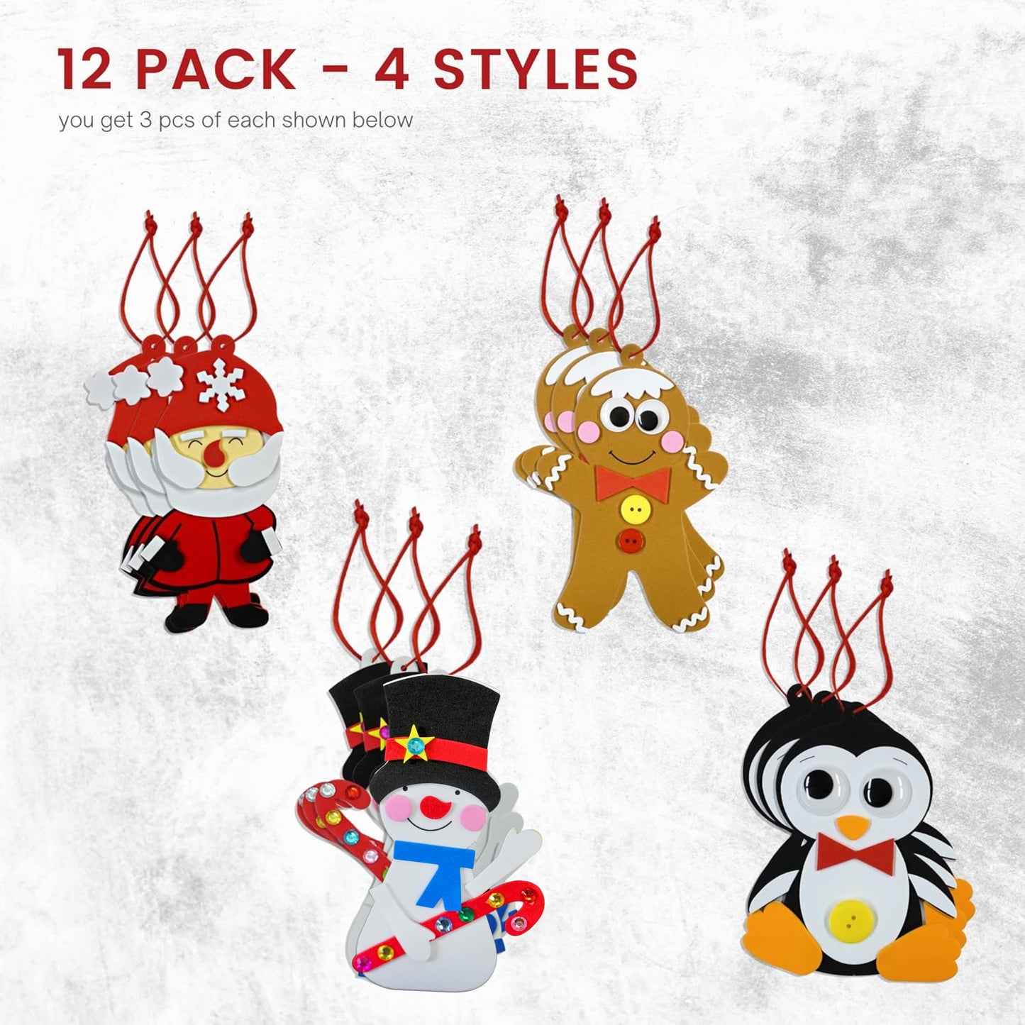4E's Novelty Foam Christmas Character Ornament Crafts for Kids (12 Pack) Santa, Gingerbread Man, Snowman, & Penguin Christmas Crafts for Kids Toddlers