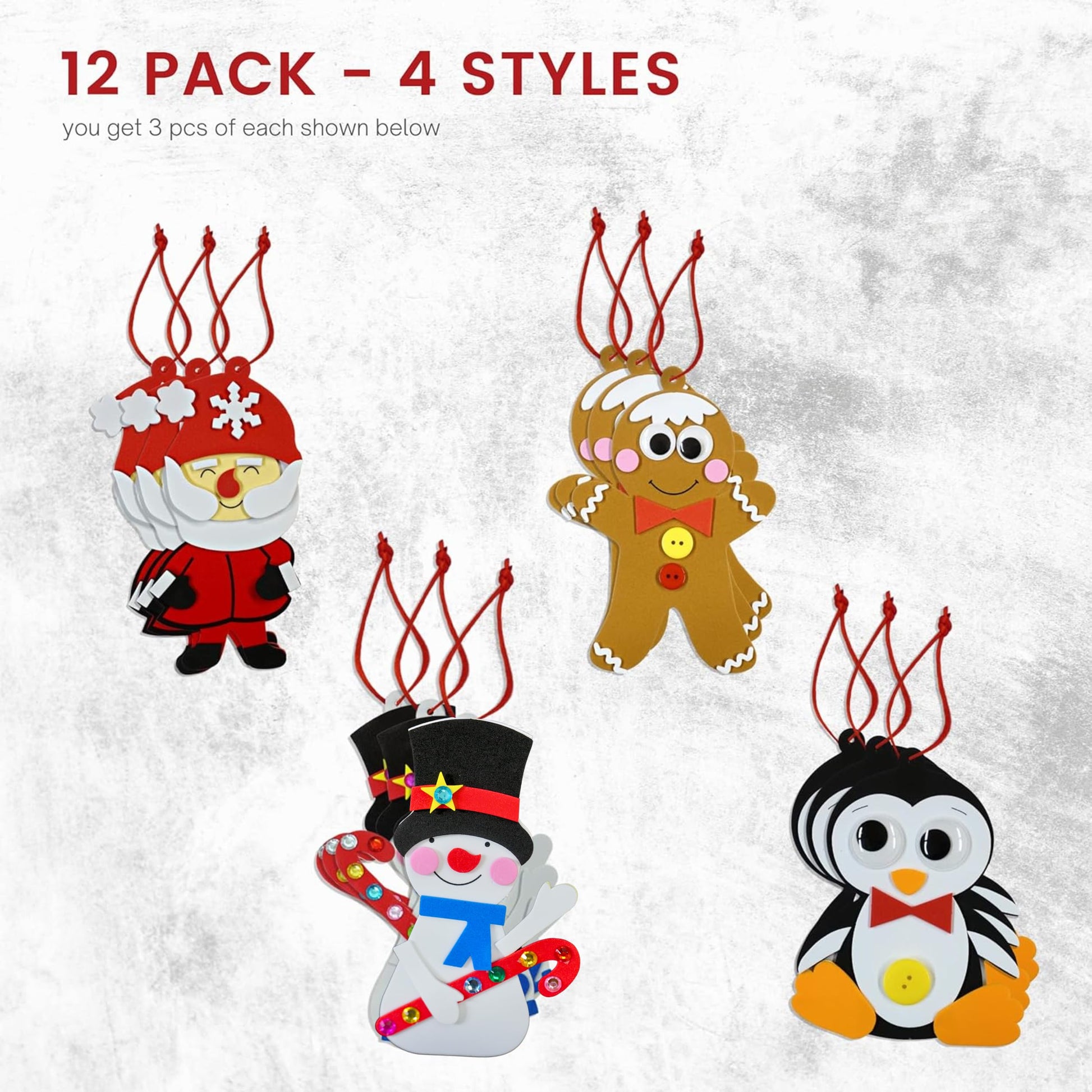 4E's Novelty Foam Christmas Character Ornament Crafts for Kids (12 Pack) Santa, Gingerbread Man, Snowman, & Penguin Christmas Crafts for Kids Toddlers