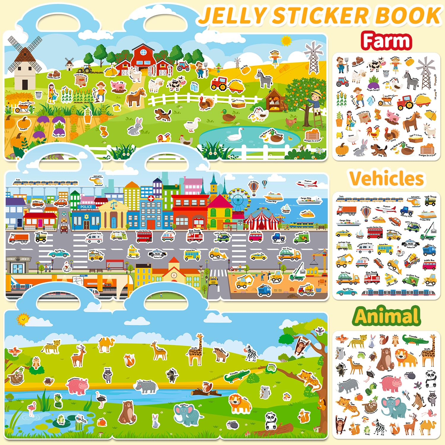 CREATIVETREES 6 Sets Reusable Sticker Book for Toddlers 3-6, Jelly Stickers Book for Kids, Travel Sticker Activity Toys for Childs 3 4 5 6 Years Girls
