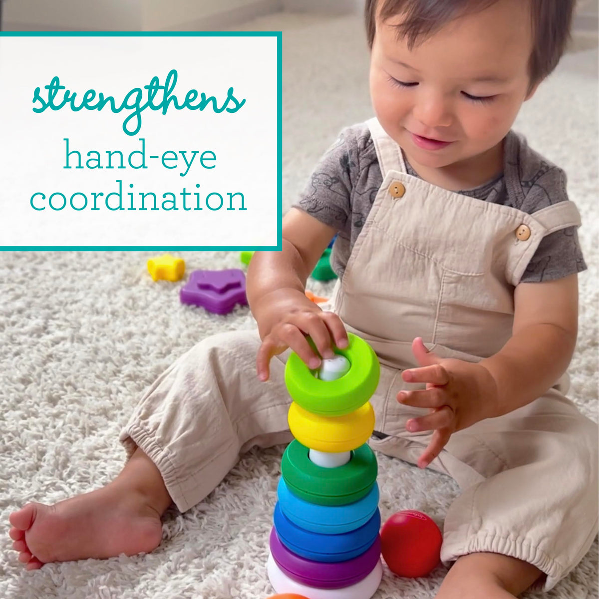 Infantino Tower Stackers Playset, Multicolor Rainbow-Themed Stacking Towers for Babies 12M+, 3-Style Set, Rings, Squares & Stars, 23 Pieces