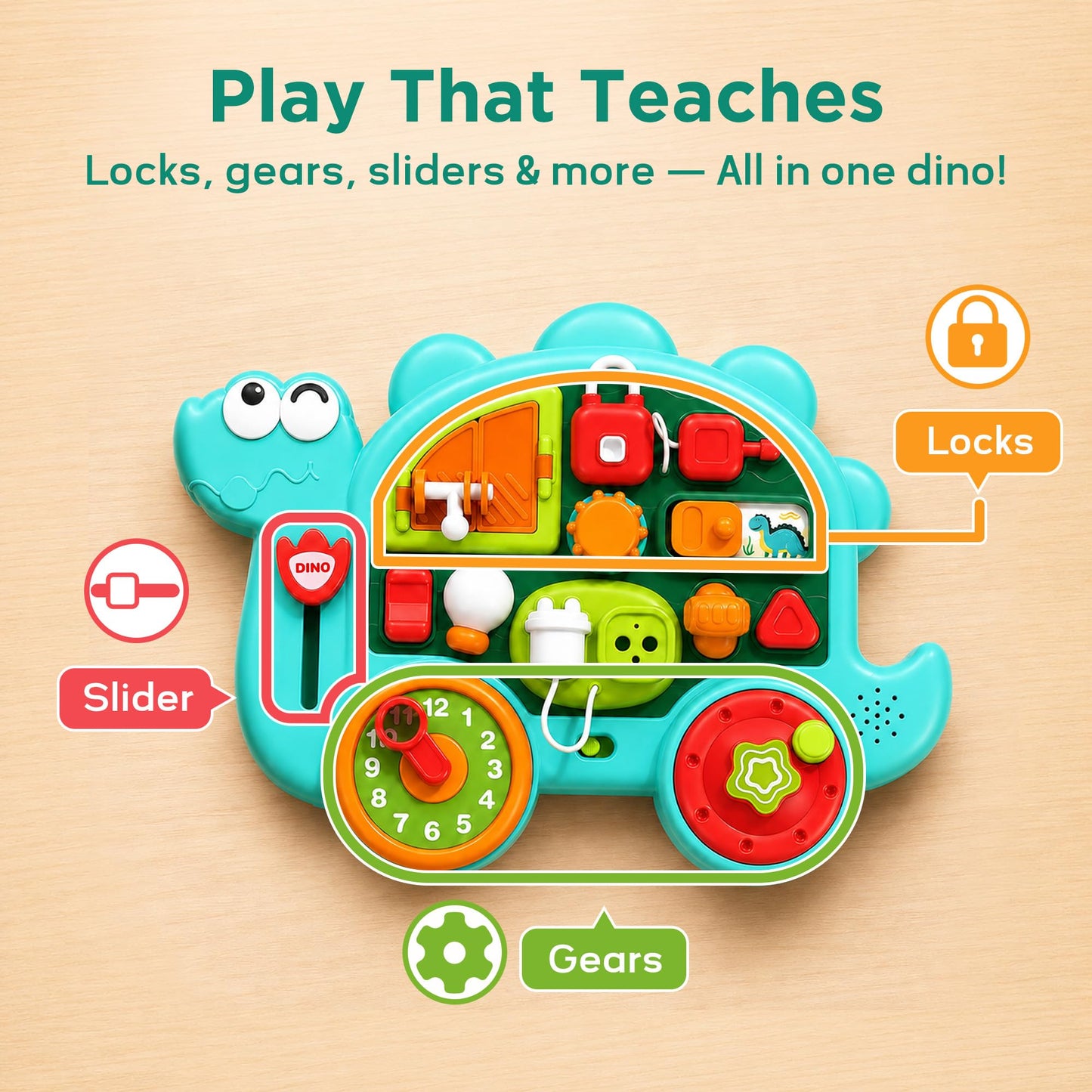 iPlay, iLearn Dinosaur Busy Board Montessori Toy for Toddlers Age 1-3, 2-4