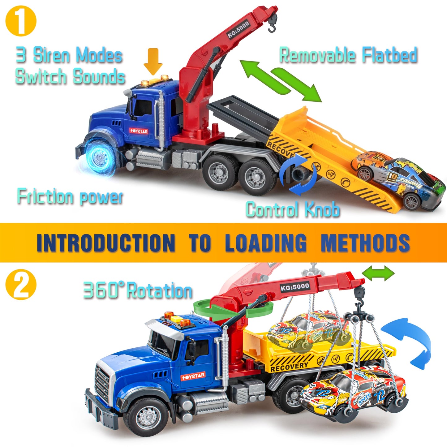 I DIY Big Tow Truck Toy Set With 4pcs Pull-Back Race Car, Friction Powered Transport Truck, Light & Sounds - Construction Toy for Boys Age 3-8