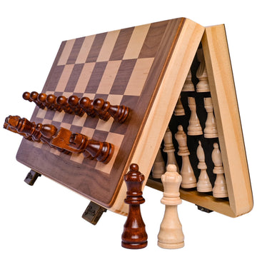 15 Inch Magnetic Wooden Chess Set for Adults & Kids - Folding Travel Chess Board with Handcrafted Staunton Pieces, Extra Queens, and Storage Slots