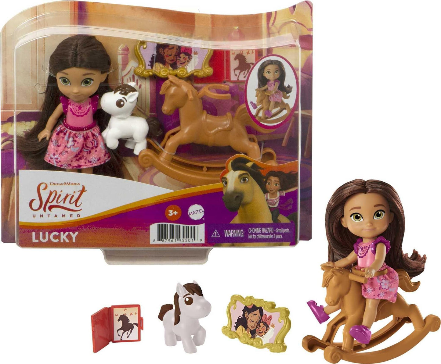 Mattel Spirit Untamed Young Lucky Doll (Approx. 4-in) with 5 Movable Joints & Story Accessories Incuding Rocking Horse & Small Horse