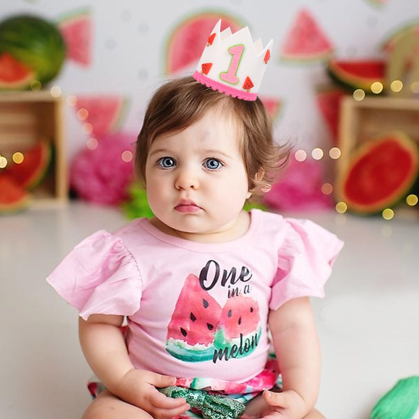 Agvgaza Watermelon 1st Birthday Crown - Watermelon First Birthday Decorations, Summer One in a Melon Party Outfit, Cake Smash Photo Props, Baby Shower