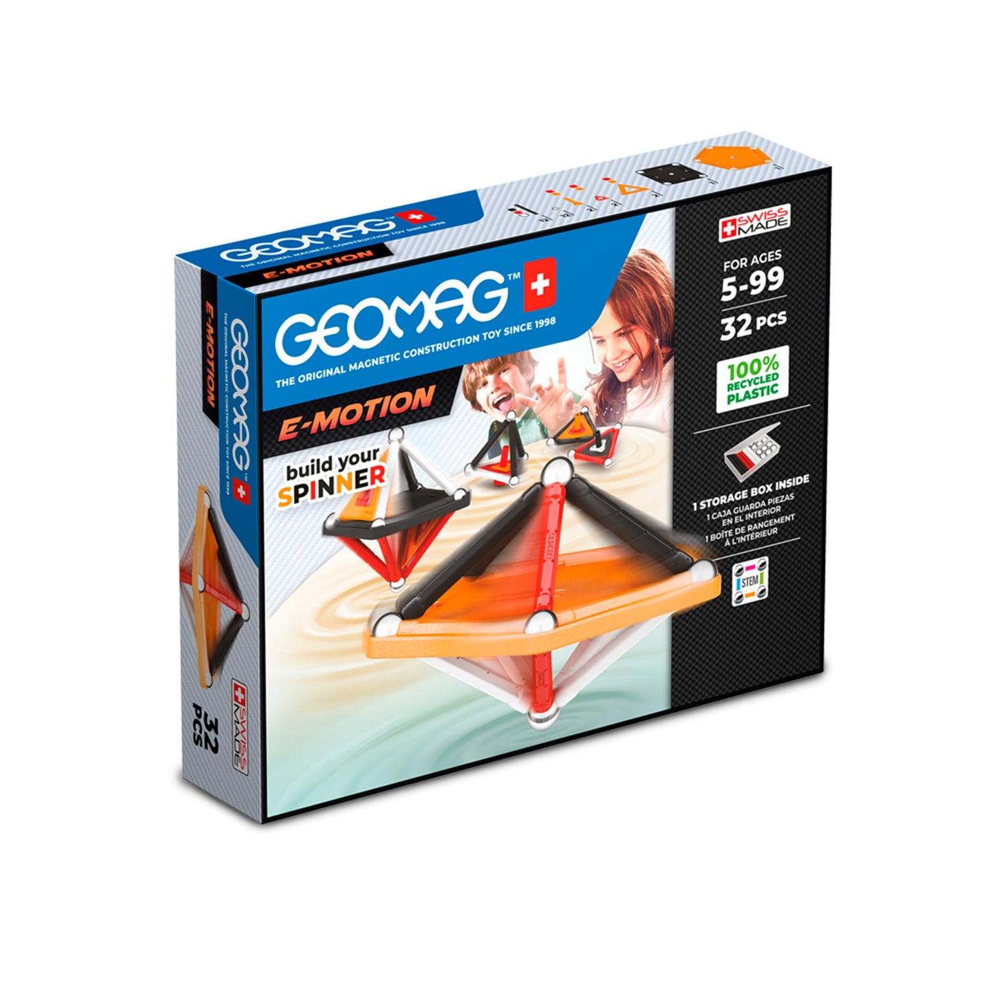 Geomag, E-Motion Panels, Magnetic Constructions, Make a Spinning Top, 32-Piece Pack, 100% Recycled Plastic