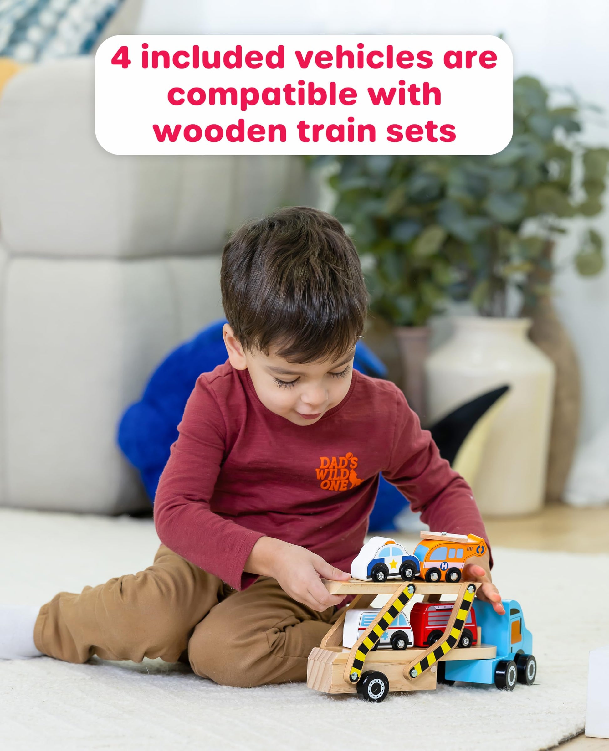 Jasey's Toy Chest Wooden Off to the Rescue Vehicle Carrier - 6-Piece Fire & Rescue Wooden Toy Set for Kids Ages 3+ | Oppenheim Award Winner