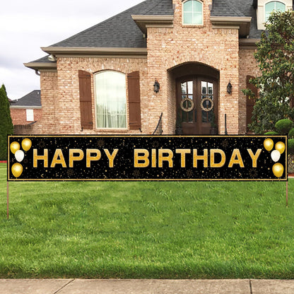 Happy Birthday Banner - 118"x20" Waterproof, Windproof & Tear-Resistant Polyester Sign for Men, Women, Boys & Girls, Black & Gold Indoor/Outdoor