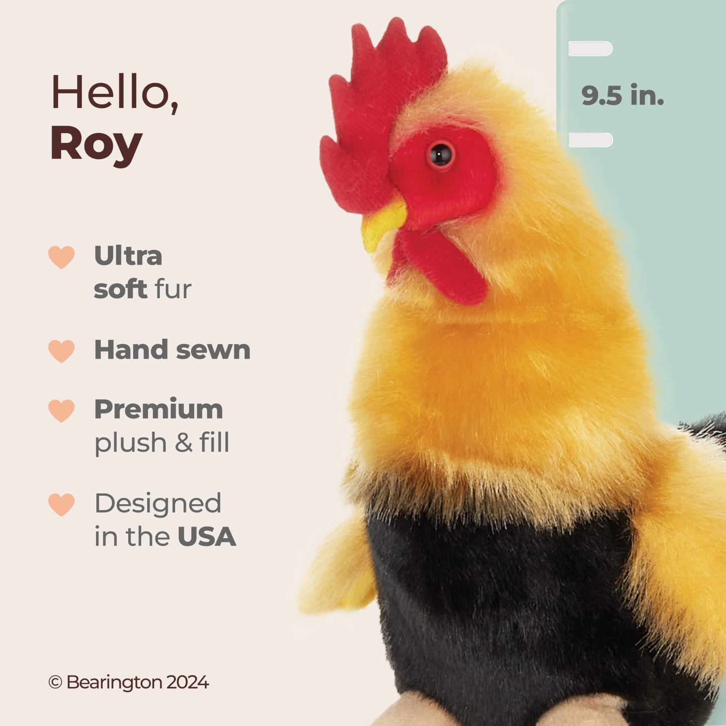 Bearington Roy Rooster Stuffed Animal - 9.5" Chicken Plush Toy with Realistic Details - Soft Yellow and Black Stuffed Chicken with Bean Bag Body