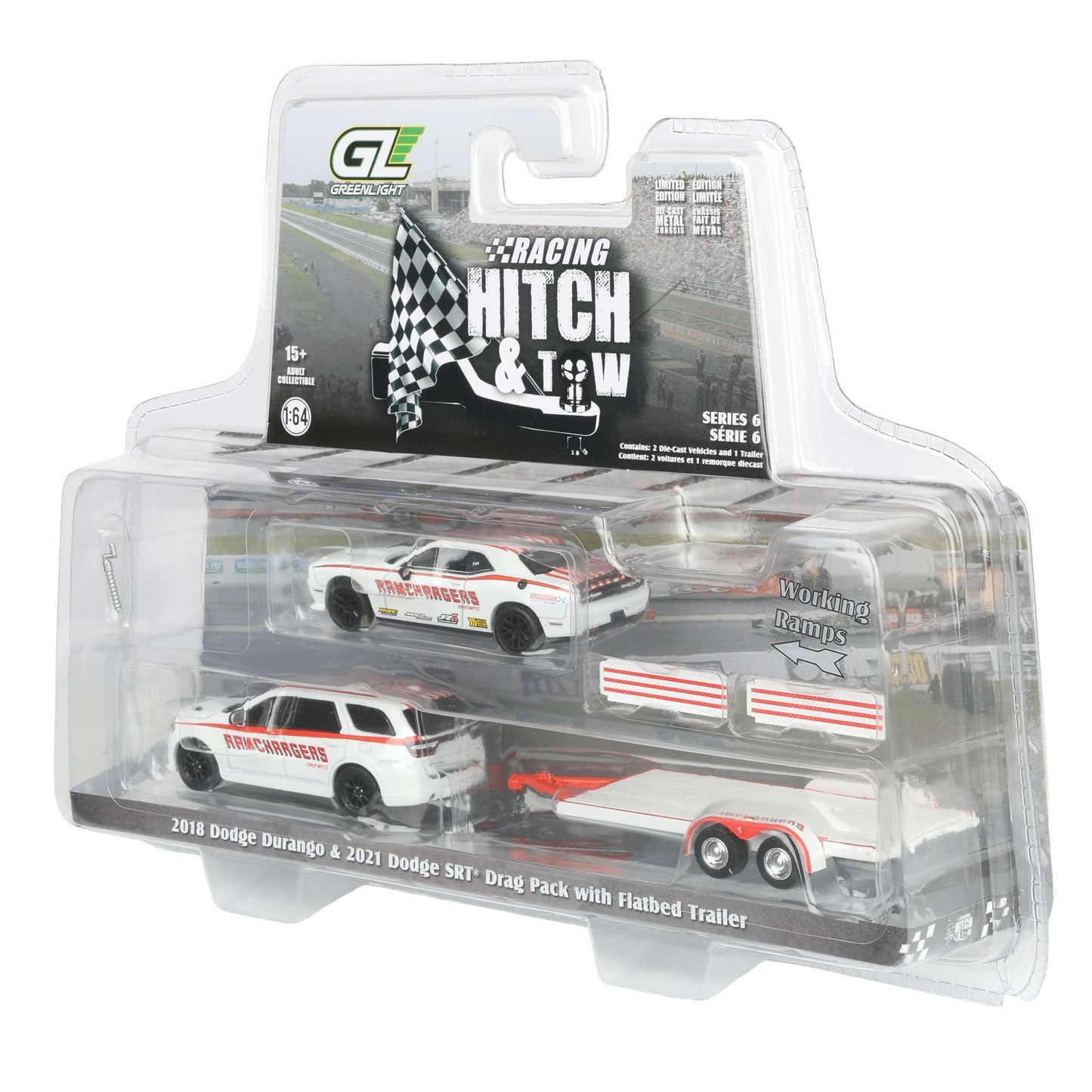 Greenlight 1/64 2018 Dodge Durango with Flatbed Trailer & 2016 Dodge Challenger SRT Hellcat 31190-B