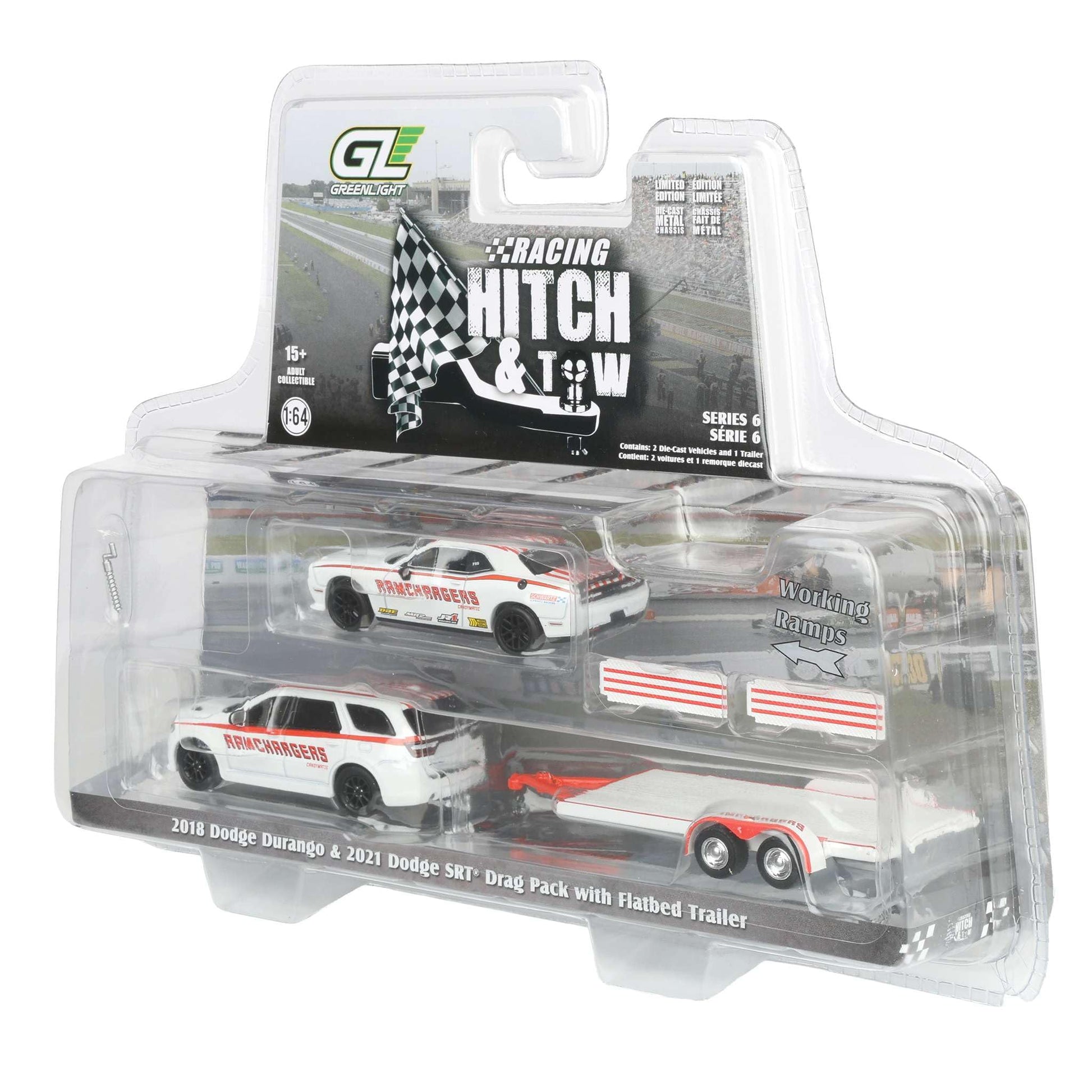 Greenlight 1/64 2018 Dodge Durango with Flatbed Trailer & 2016 Dodge Challenger SRT Hellcat 31190-B