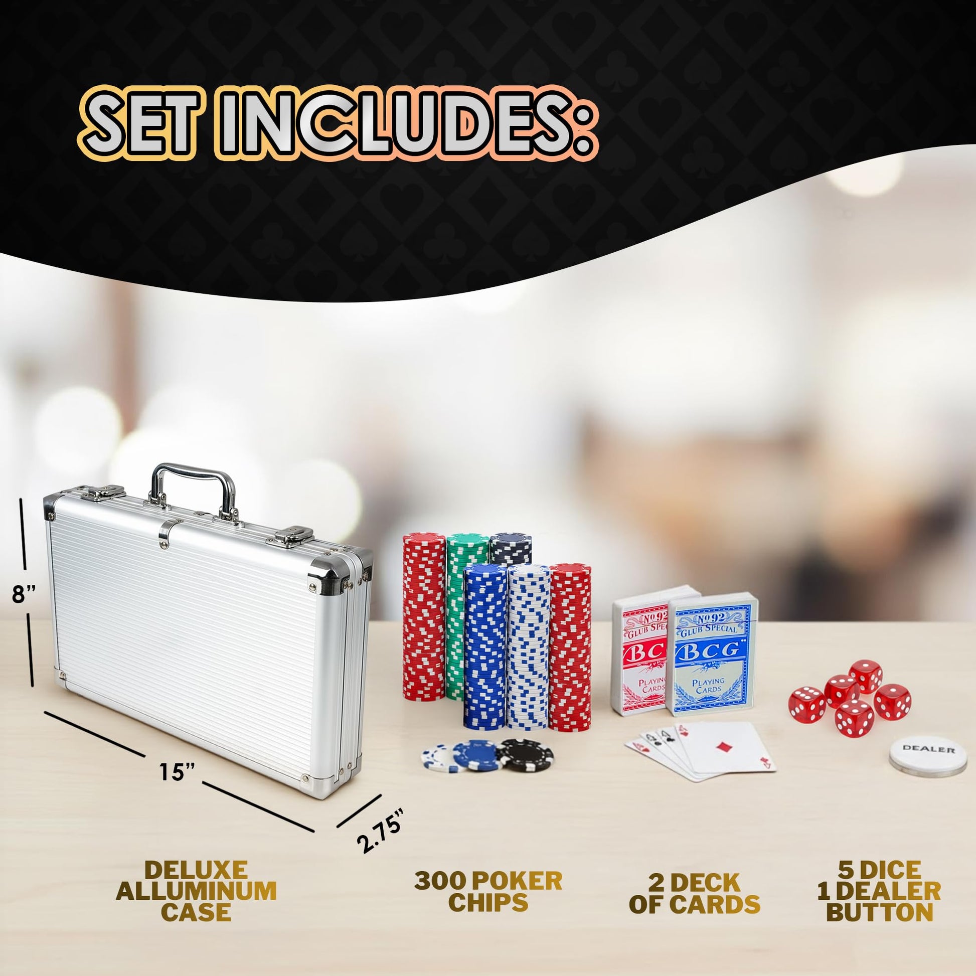 Gamie Poker Set in Aluminum Case, Casino Poker chip Kit with 300 Chips, 2 Decks of Playing Cards, 5 Dice, and 1 Deluxe Case, Fun Game Night Supplies