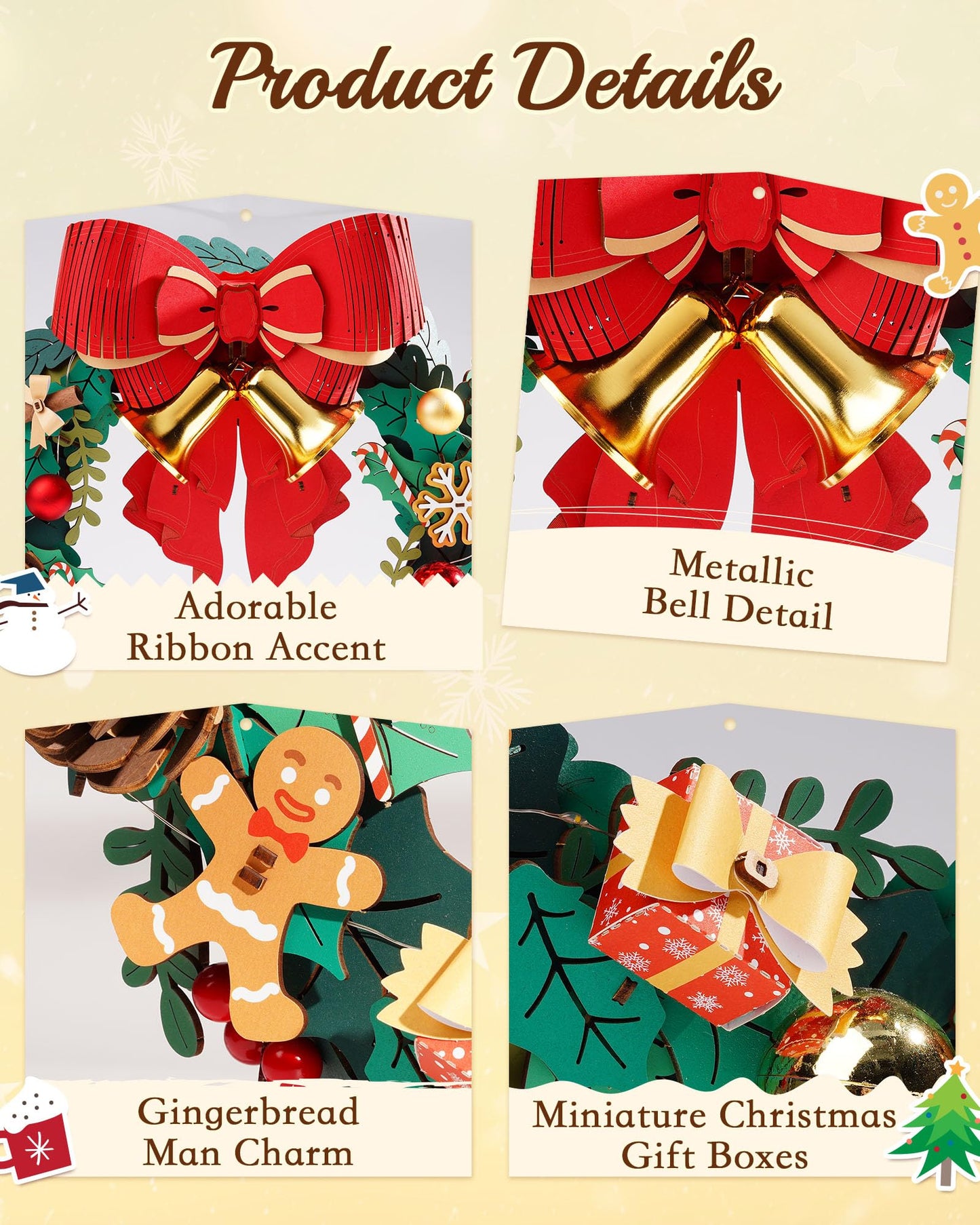 ROBOTIME Christmas Wreath with Red Bow, Pine Cones, Berries & Bells 3D Wooden Puzzles for Adults Creative Gifts for Holiday Window Fireplace Door