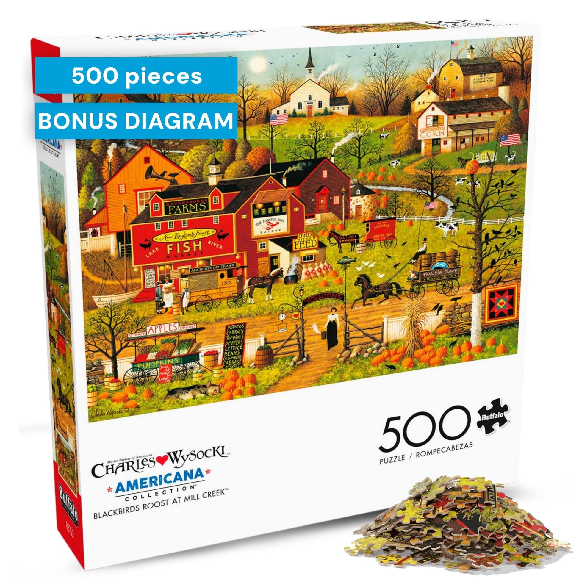 Buffalo Games - Blackbirds Roost at Mill Creek - Charles Wysocki - 500 Piece Autumn Jigsaw Puzzle for Adults - Fall Harvest Americana Scene - Cozy