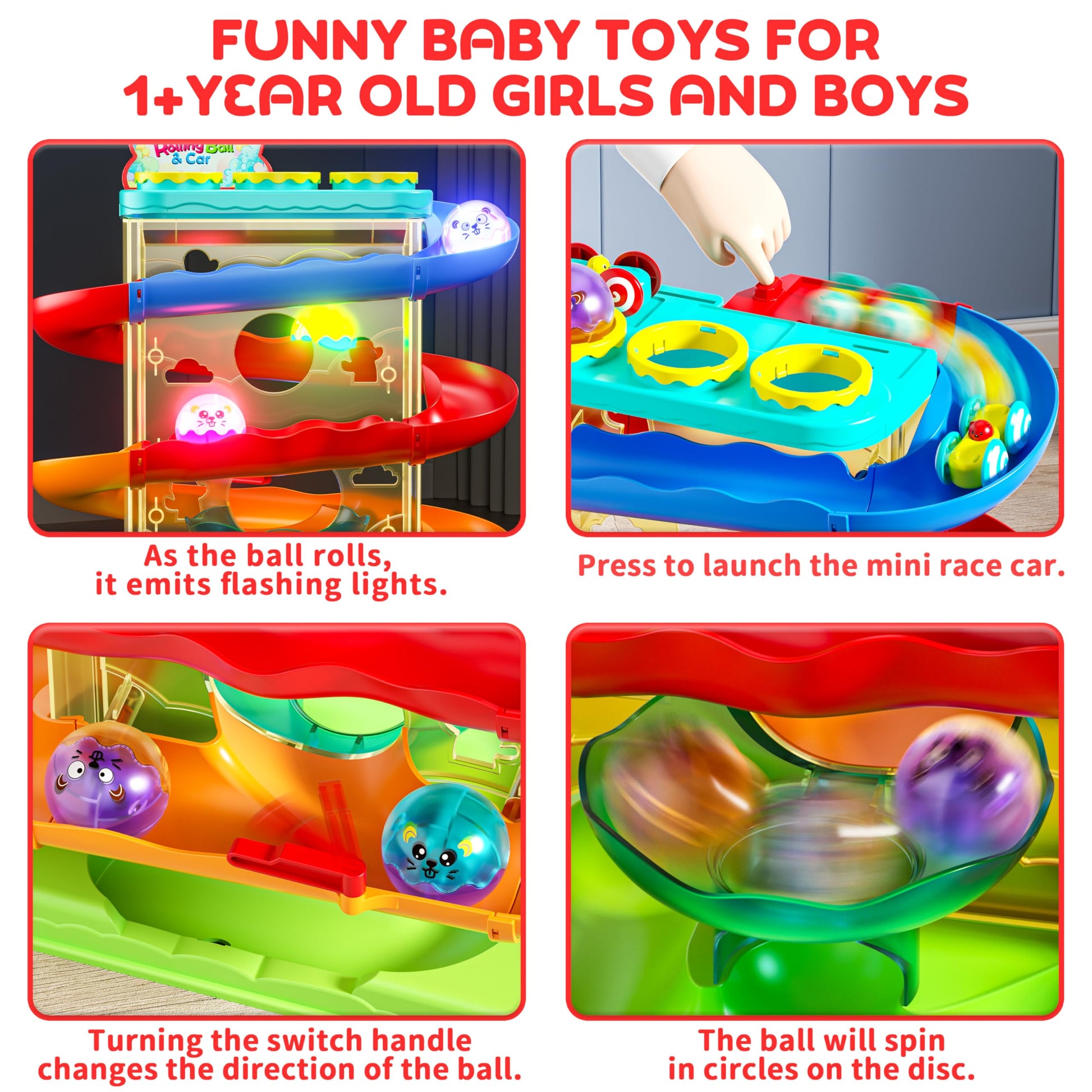 2-in-1 Rolling Ball & Car Ramp Race Track for Toddlers, Hammer Ball Drop Toy for Boys & Girls, Interactive Playset w/Sensor Lights - Montessori STEM