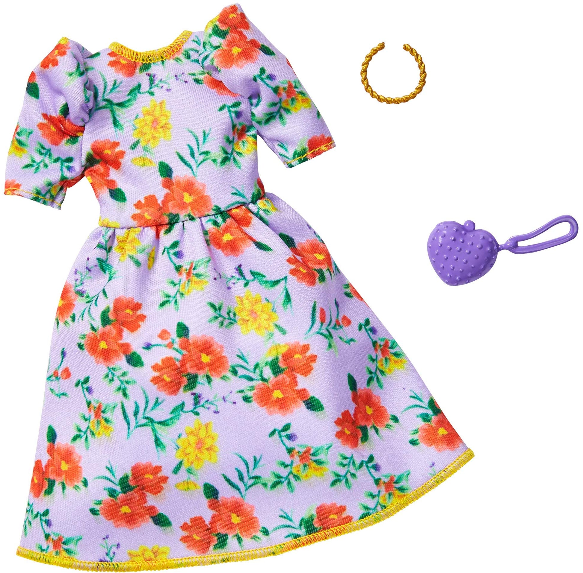 Barbie Fashion Pack with Orange & Yellow Floral Dress, Necklace & Heart-Shaped Purse, Doll Clothes for Kids 3 to 8 Years Old