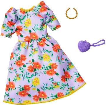 Barbie Fashion Pack with Orange & Yellow Floral Dress, Necklace & Heart-Shaped Purse, Doll Clothes for Kids 3 to 8 Years Old