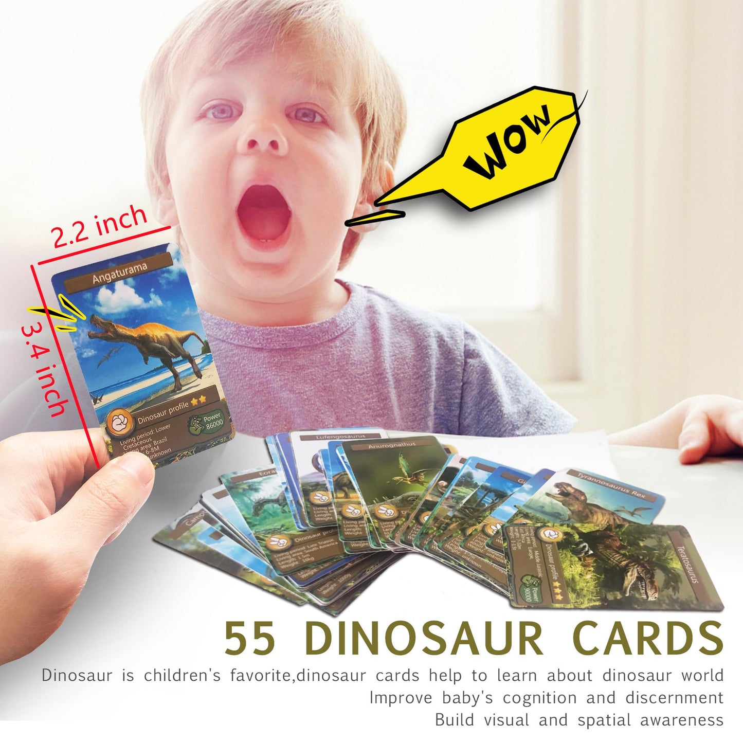 AMINFUN 55PCS Dinosaur Flash Cards for Kids, Educational Learning & Recognition Toy, BPA-Free Collectible Cards, for Boys Girls 3-8