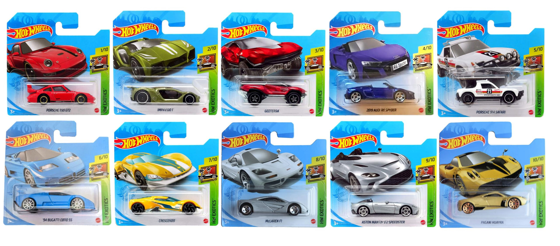 Hot Wheels 2021 Exotics Complete Set of 10 Diecast Vehicles 1/10 Thru 10/10 (Short Card Version)