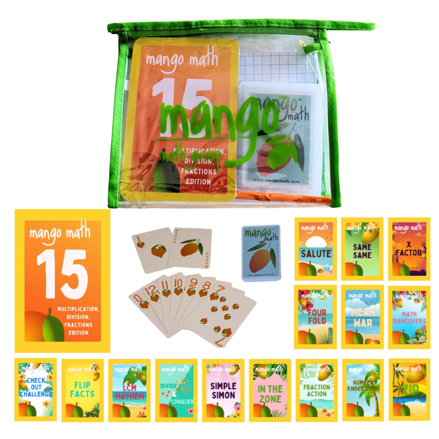MANGO Math 15® - Math Flash Cards - Educational Math Games for Kids - Multiplication, Division, Fractions Learning Kit -2nd 3rd 4th Grades - Kids 6-12