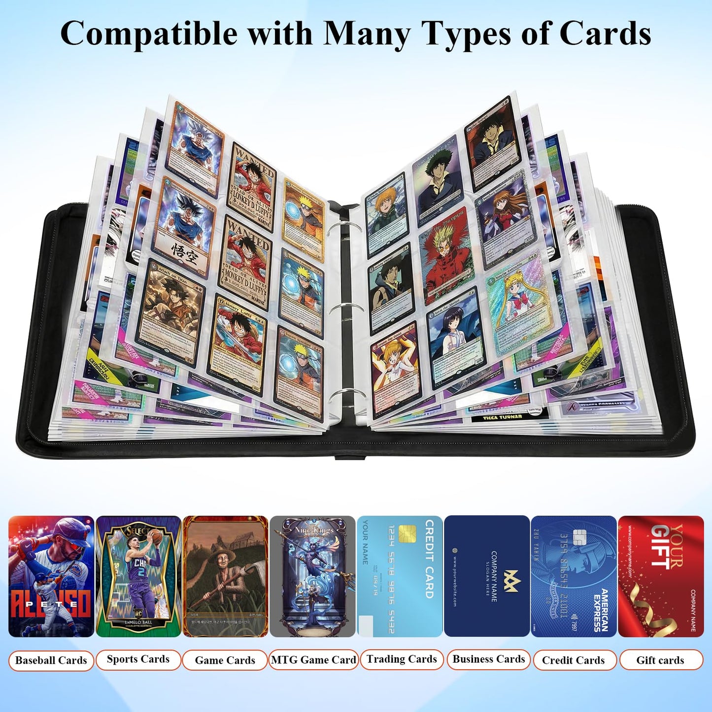 QULUXAO PU Leather Baseball Card Binder 4 Pocket,Holds 400 Cards Double Sided Black Card Binder,50 Removable Sleeves Baseball Cards Binder,3 Ring