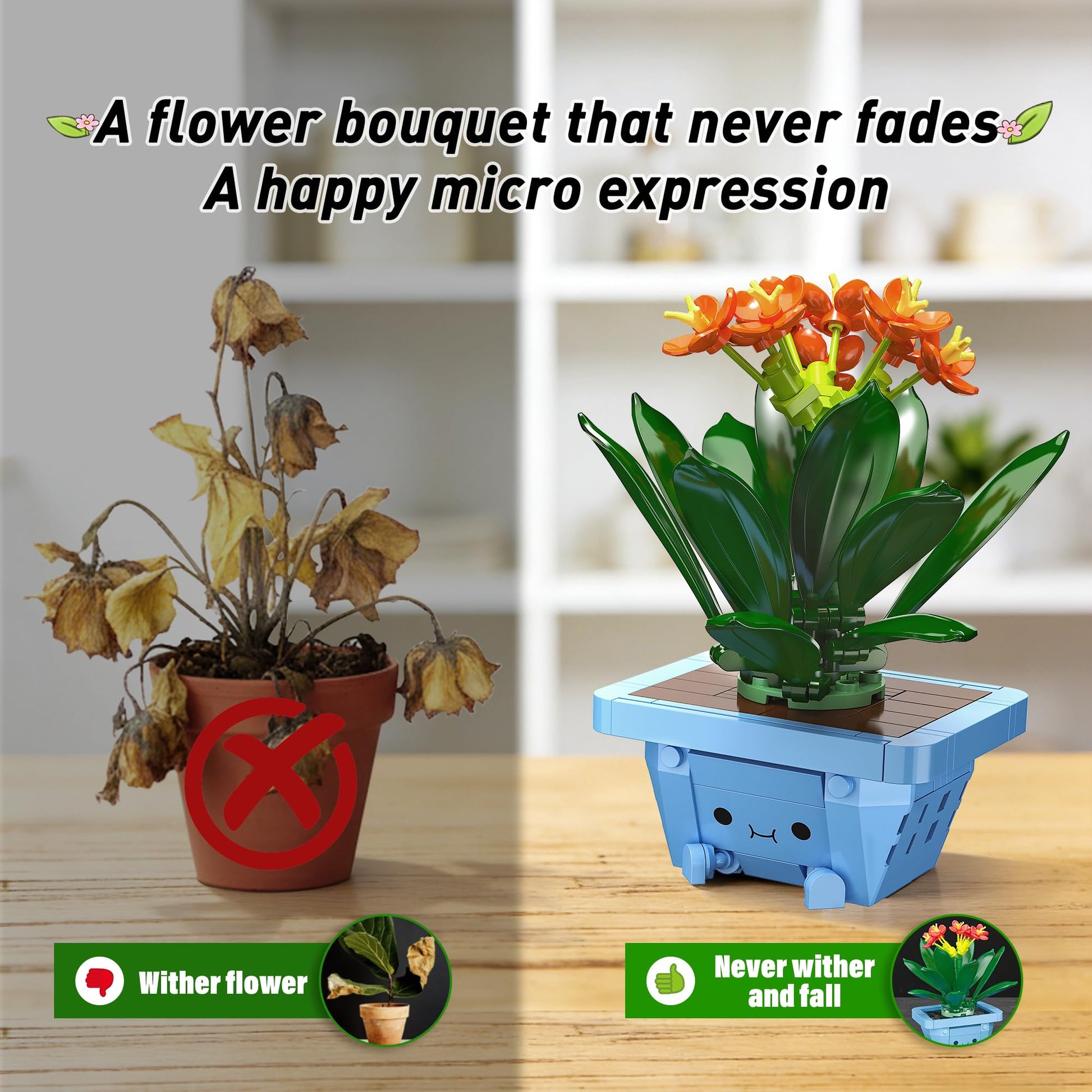 WIDELAND Flower Building Kit for Adults, 614 Pcs Happy Plants Flowers Set, Succulents Botanical Collection for Home Office Décor, Gift for Valentine's