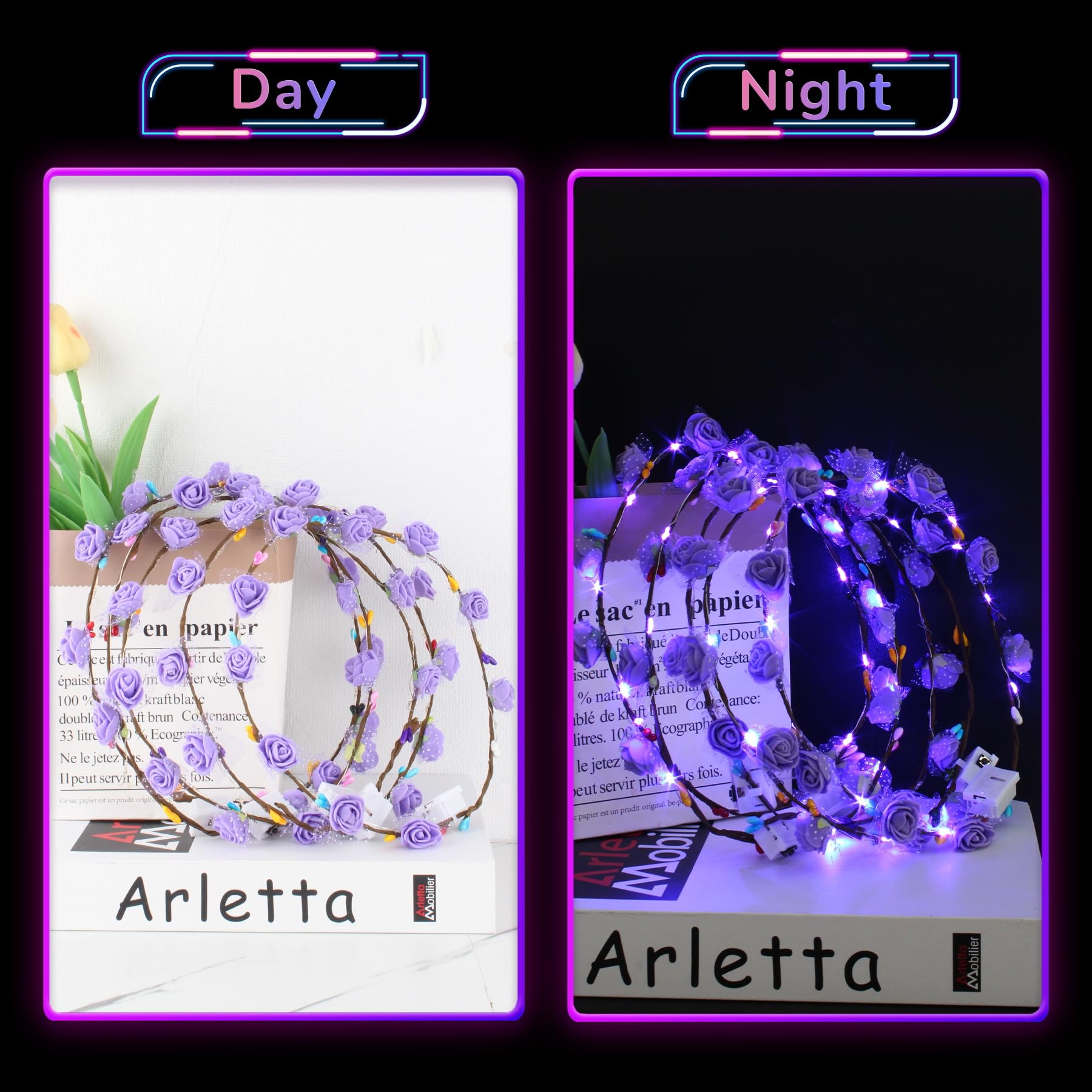 YOFOBU 36PCS LED Flower Crown,Purple Light Up Flower Headband for Women,Glow in The Dark Flower Wreath Crowns for Weddings,Brides,July 4th,Birthday