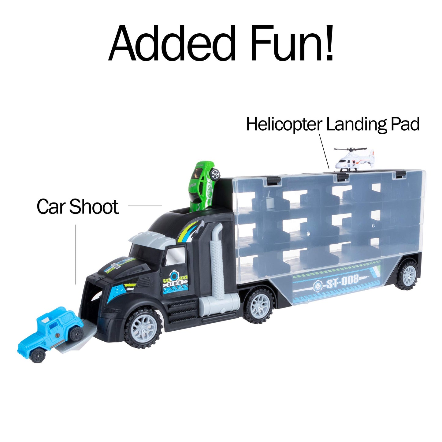HEY! PLAY! Car Carrier Semi-Truck Toy - 2-Sided Trailer Holds 24 Vehicles - Includes 10 Cars, 2 Helicopters, Carry Handle, and Storage Case (Black)