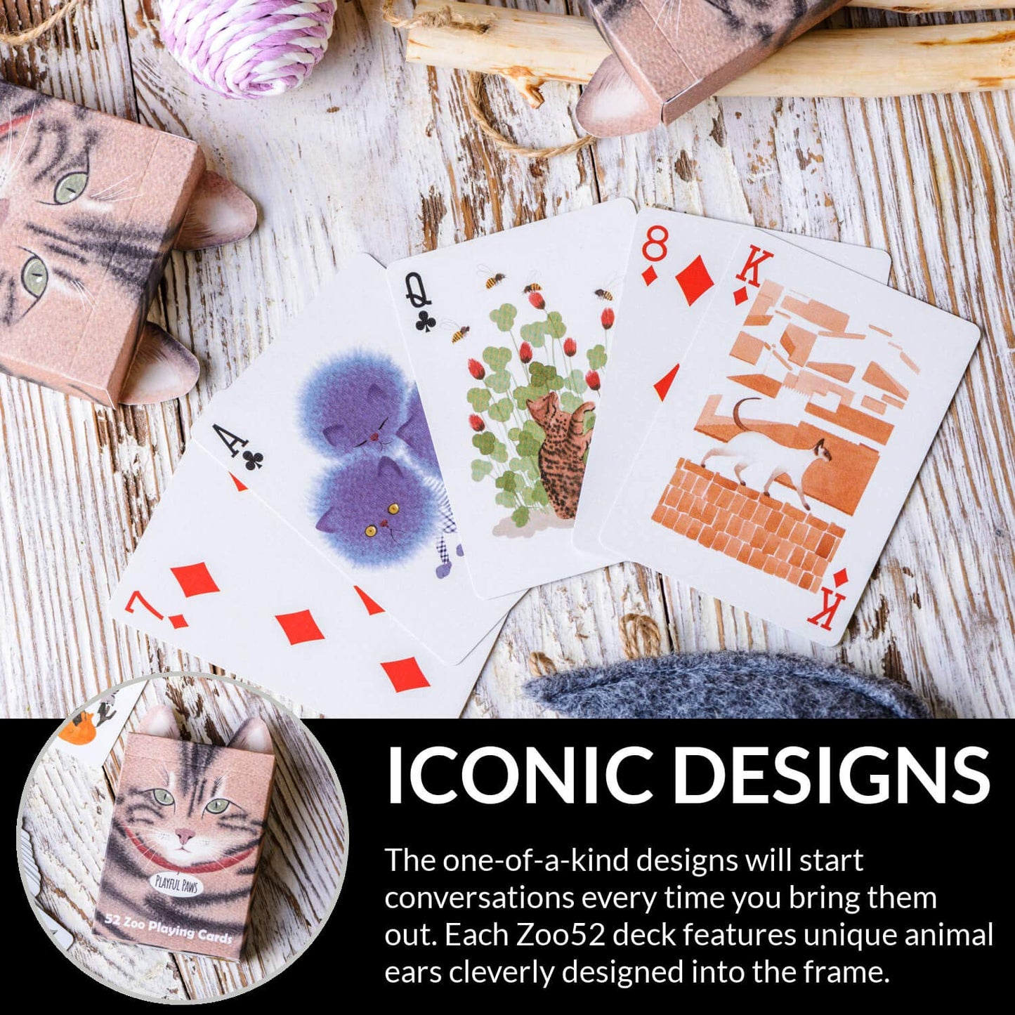 Zoo52 Playful Paws Playing Cards - Beautiful Cat & Dog Deck of Cards with Free Card Game eBook, Hand Illustrated Water Color Poker Cards. Unique Box