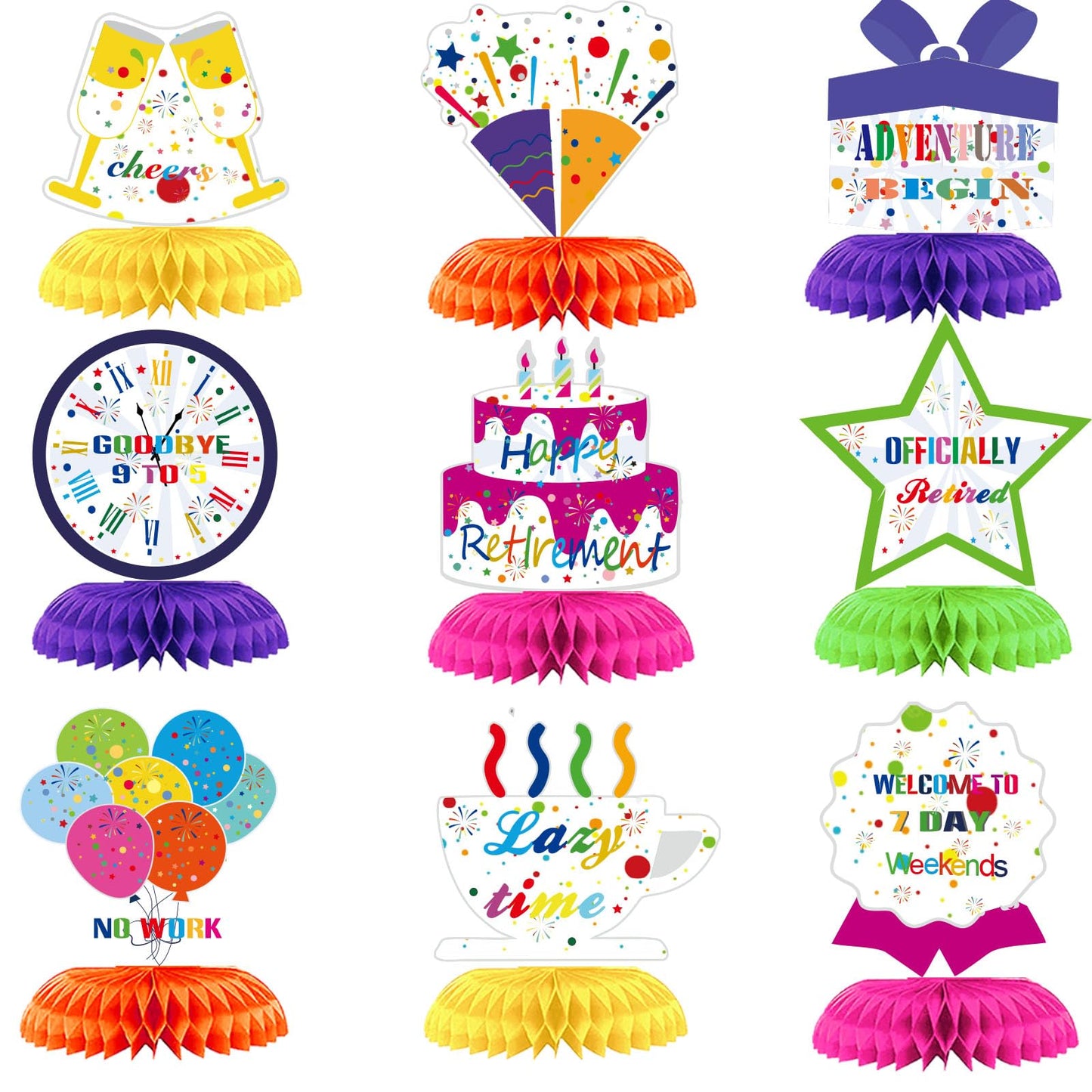 9Pcs Rainbow Happy Retirement Decorations Table Centerpieces Iridescent Colorful Theme Retirement Honeycomb Centerpiece Party Supplies Happy Retired