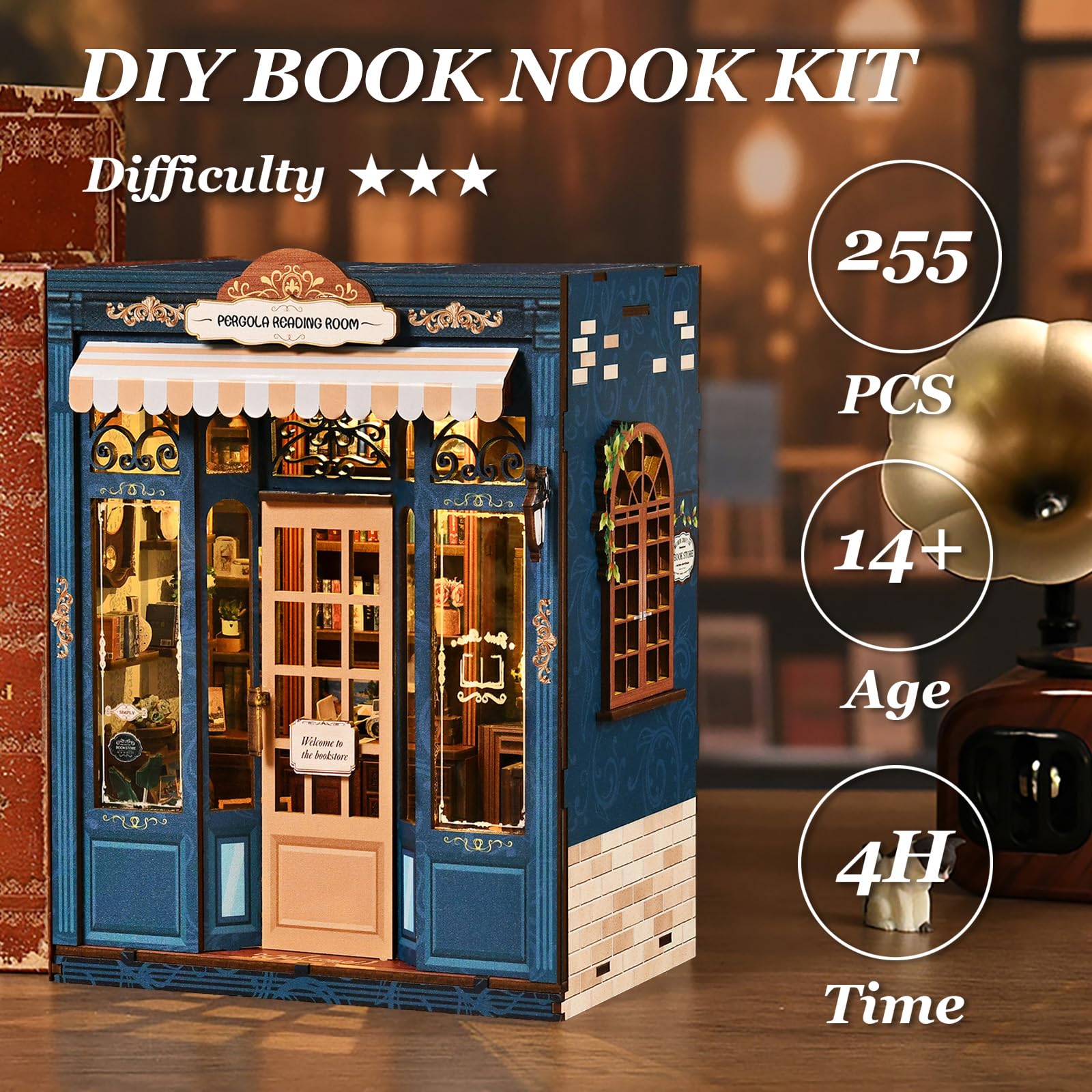 DIY Miniature Dollhouse Kit Book Nook Pergola Reading Room with LED Light, Wooden 3D Miniature House Craft Kit for Adults, Bookshelf Insert Decor