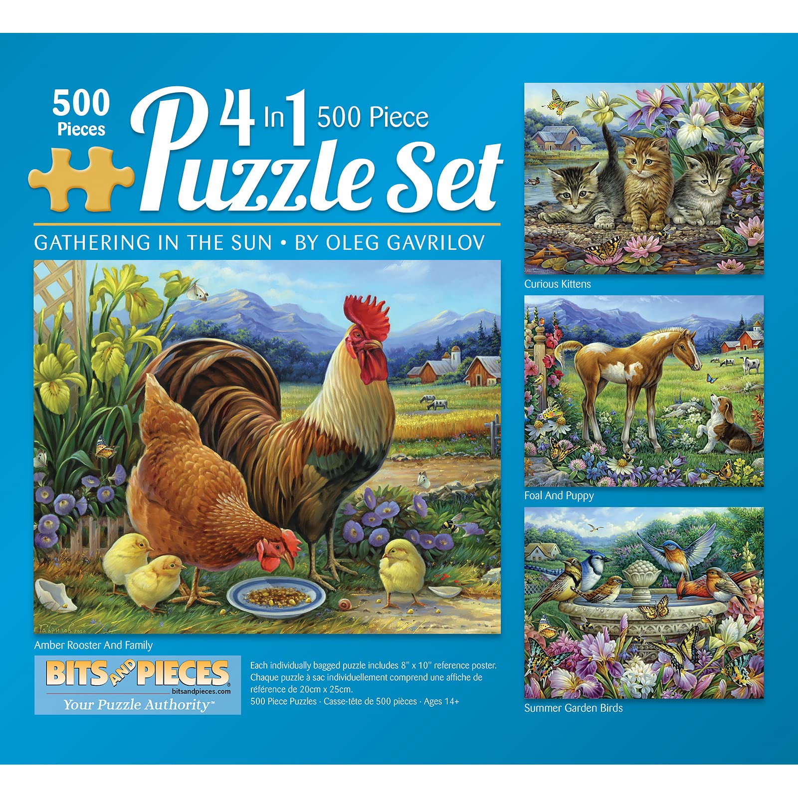 Bits and Pieces - 4-in-1 Multipack Jigsaw Puzzles for Adults - Kittens, Puppies, Rooster, and Summer Garden Birds by Oleg Gavrilov - Colorful Animal
