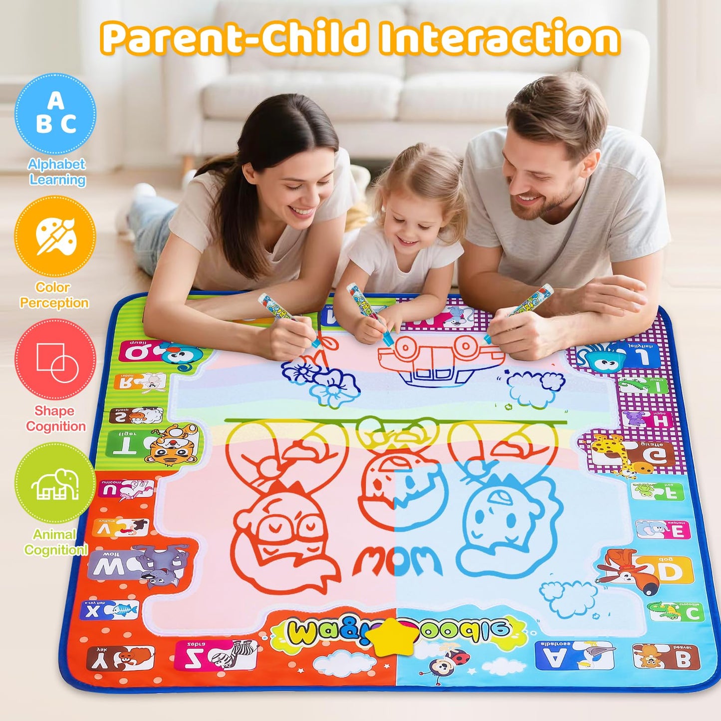 KIZZYEA Toys for 2 3 4 5 6+ Years Old Boys Girls, Water Doodle Mat for Kids, Large Coloring Painting Writing Magic Mat with Neon Colors, Educational