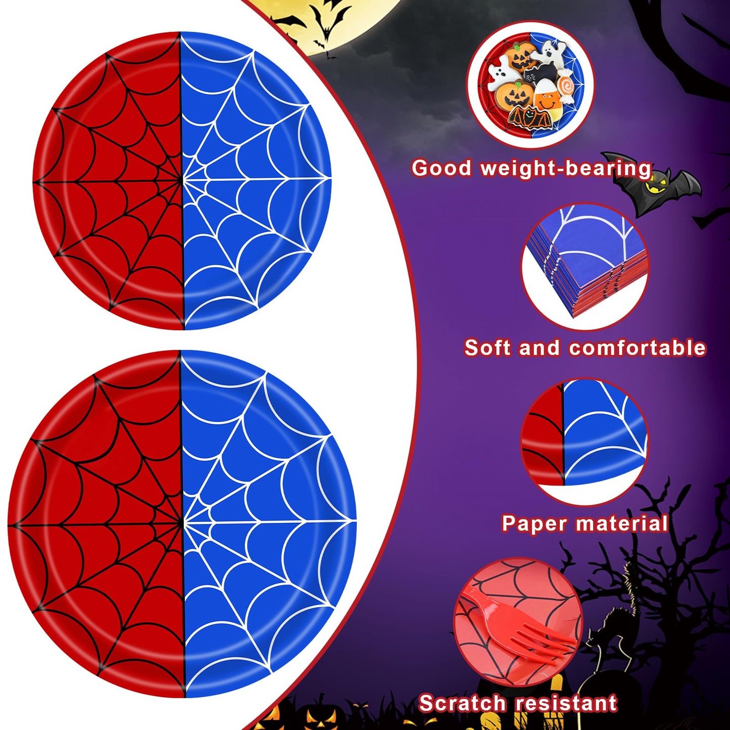 100 Pieces Halloween Spider Web Party Tableware Set - Red Blue Web Plates, Napkins and Forks, Disposable Dinnerware for Boys Birthday and Halloween