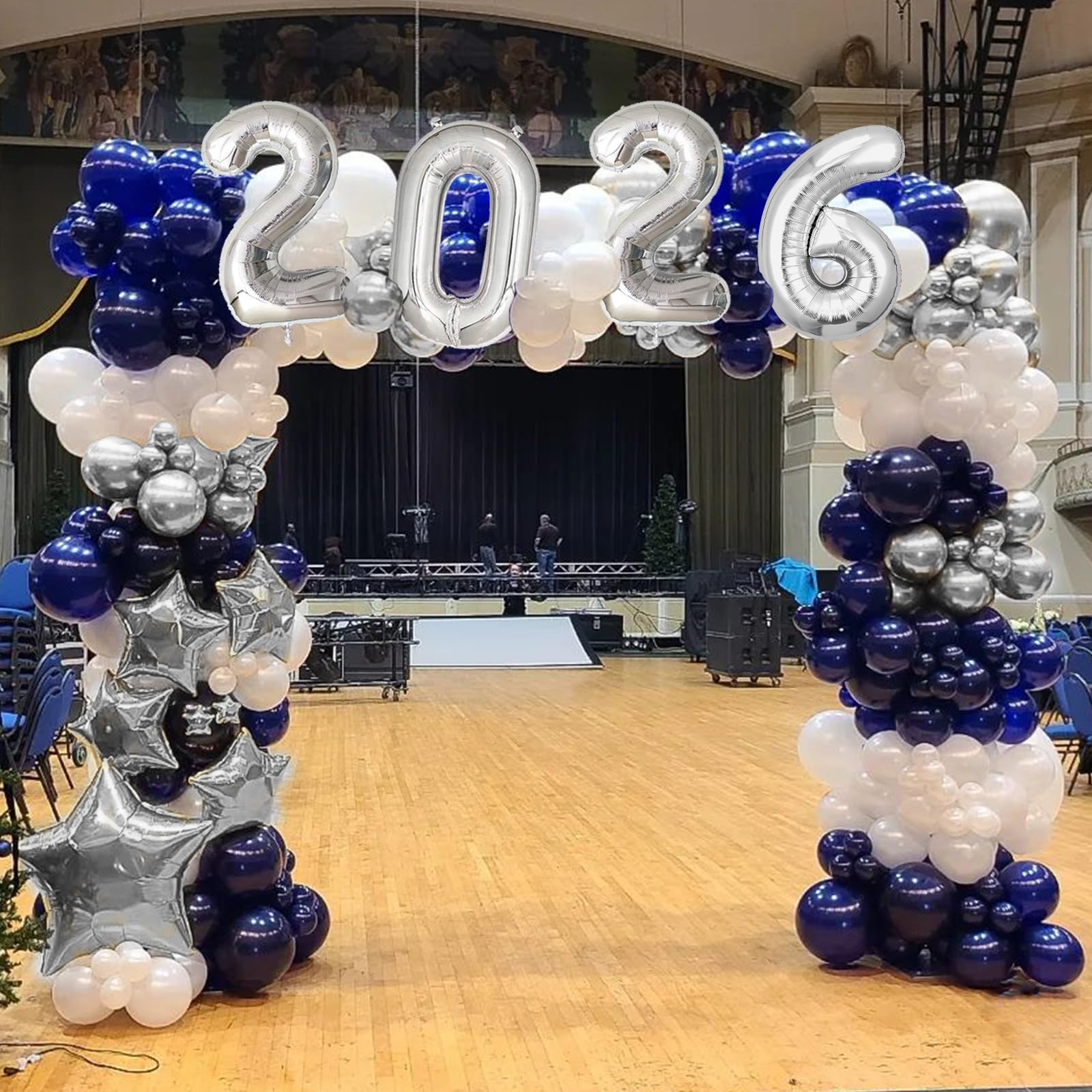 Graduation Decorations Class of 2026: Navy Blue and Silver Graduation Balloon Arch Garland Kit and Silver Confetti Balloons Congrats Grad Banner 2026