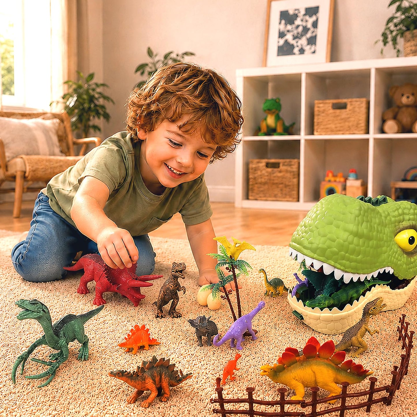Ximoeo 46PCS Dinosaur Toys for Kids 3-5 5-7 Realistic Dinosaurs Figures Dino Eggs Trees Fence Playset Mat Large Dinosaur Head Accessories Dino World