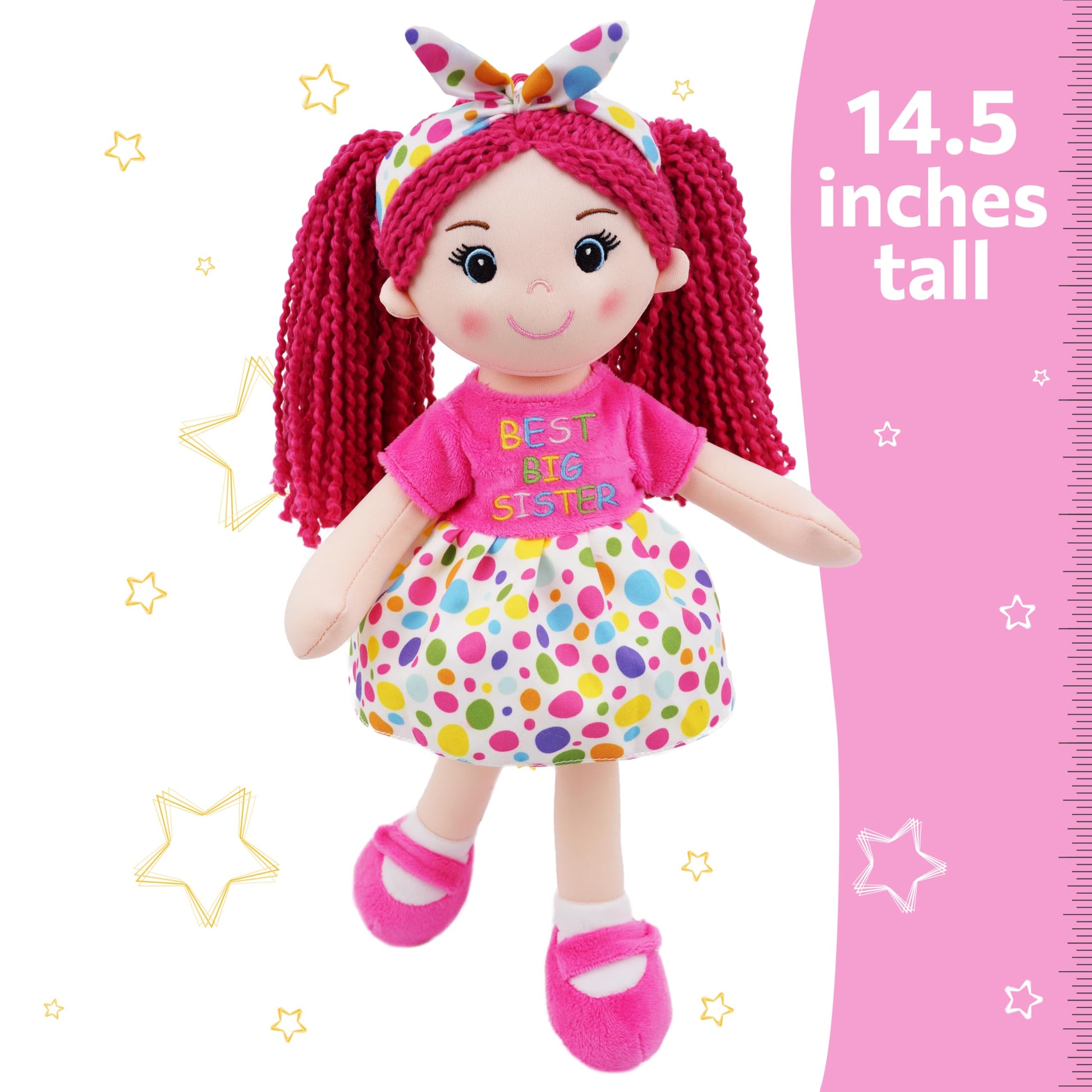 June Garden 14" Best Big Sister Sophie - Soft Cuddly Plush Doll Gift for Girls - Huggable Rag Doll - Pink M