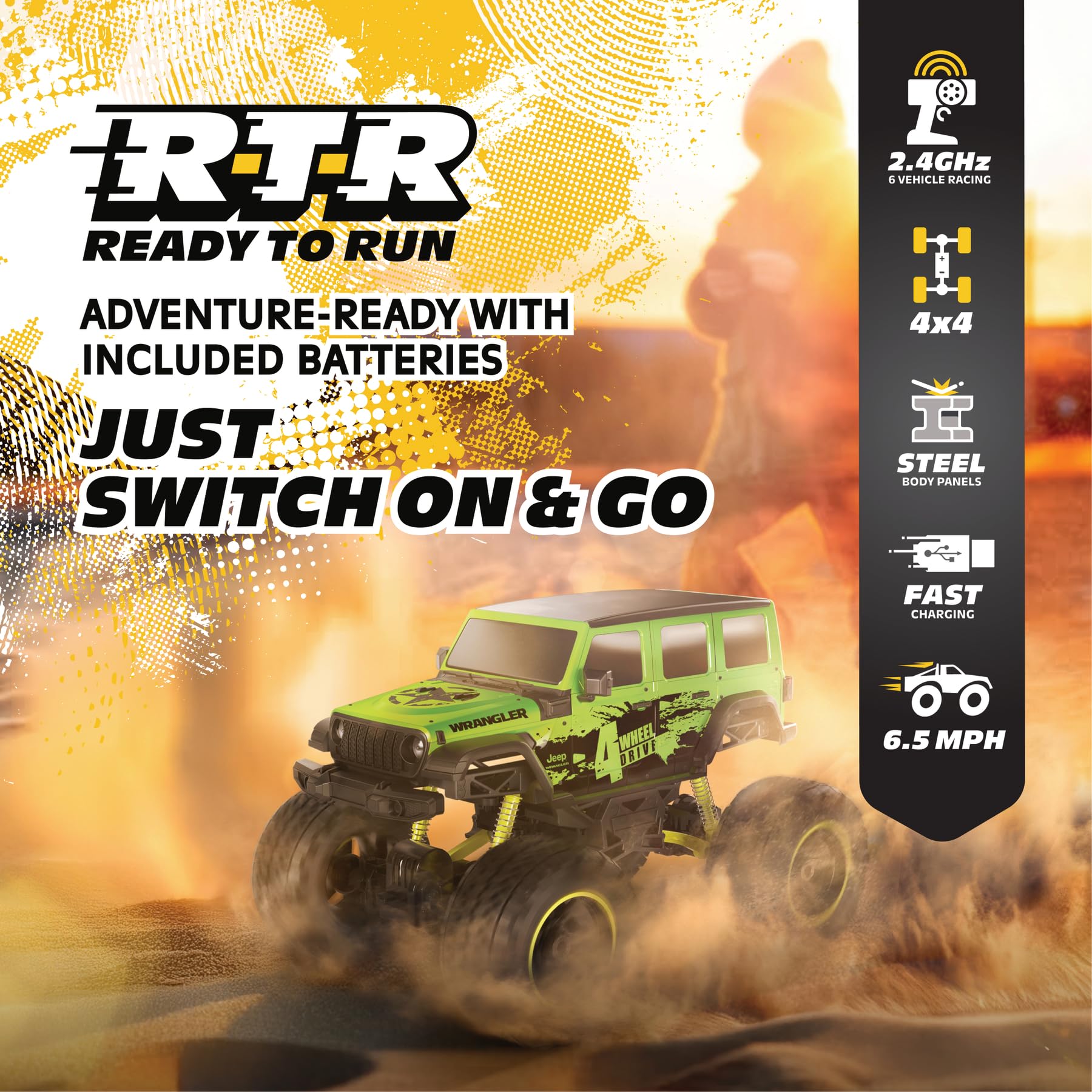 Motor Dayz 4WD Heavy Metal Remote Control Car Jeep Wrangler RC Truck Toy- 1:10 Scale, 4-Door, Stamped Metal Body, 2.4GHz Control, USB Rechargeable