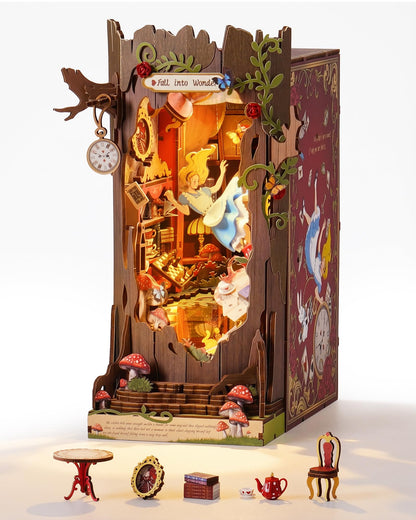 ROBOTIME Book Nook Kits Fall into Wonder, Miniature House Decorative Bookend with LED Light, Fantasy Fairy Tale Bookshelf Decor, DIY Wooden Craft