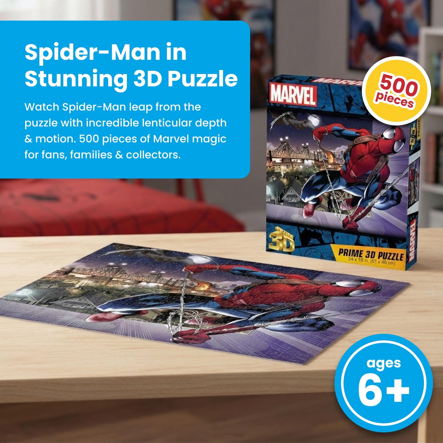 Prime 3D | Marvel | Spider-Man | 500 Piece 3D Jigsaw Puzzle for Adults & Kids | Finished Size 24" x 18" | Challenging & Fun for Adults, Kids