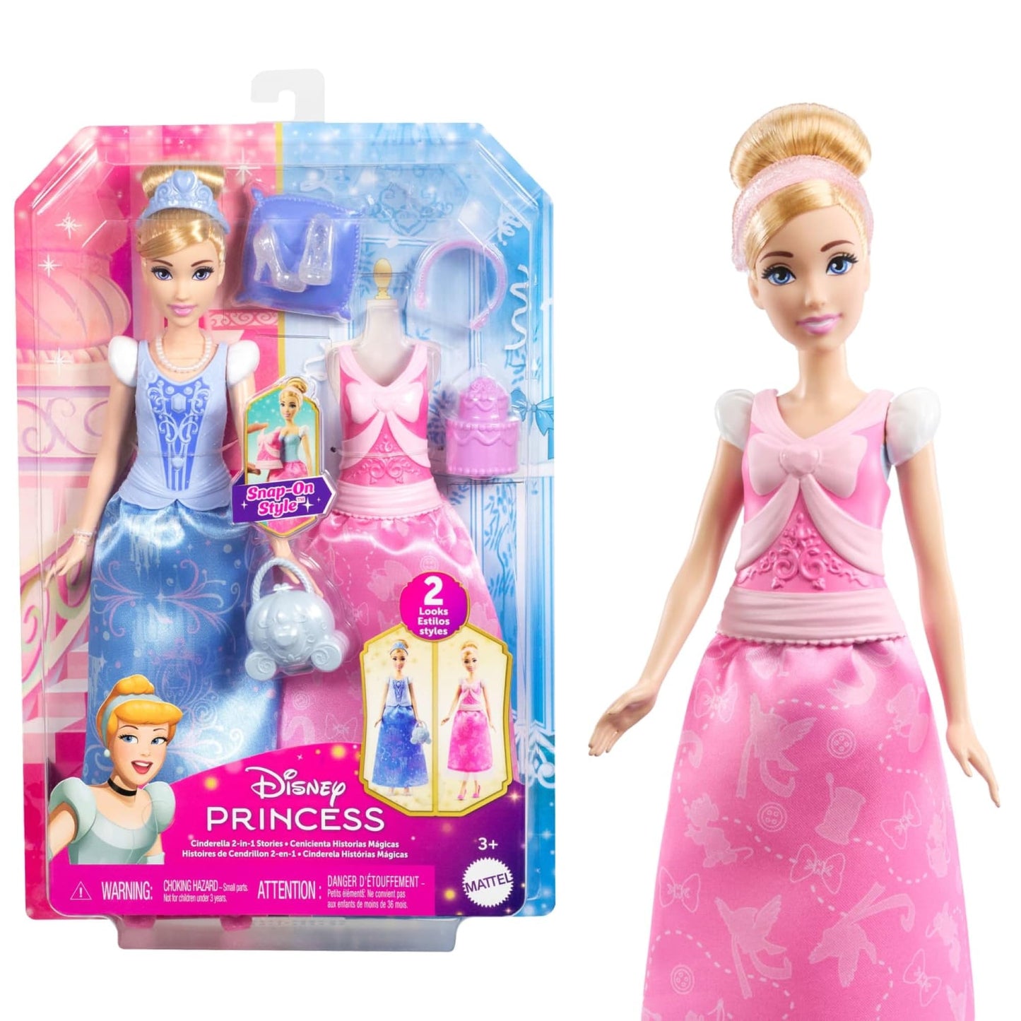 Mattel Disney Princess Toys, Cinderella Fashion Doll with 2 Looks, 9 Accessories, 2 Snap-On Bodices & 2 Skirts, 2-in-1 Stories Inspired by Disney