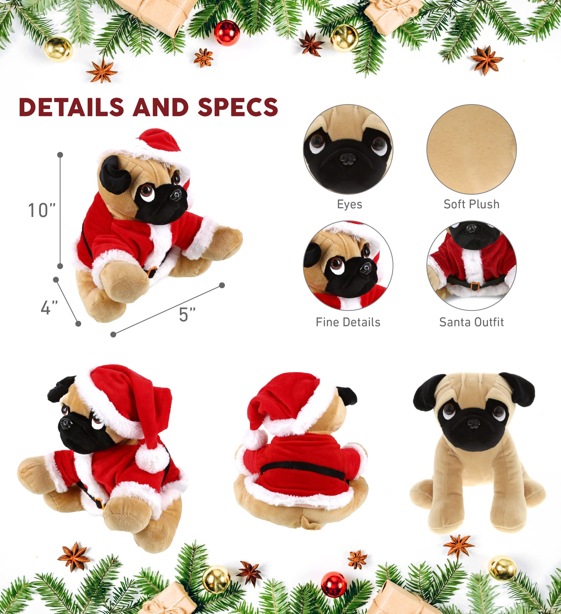 DolliBu Santa Pug Dog Stuffed Animal Plush Toy - Super Soft Dog Plush Dress Up with Red Santa Claus Outfit, Perfect Holiday 10 Inches
